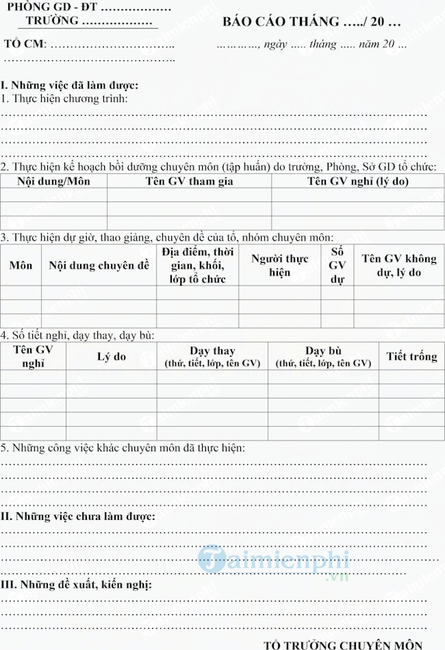 Mẫu báo cáo tháng của tổ chuyên môn