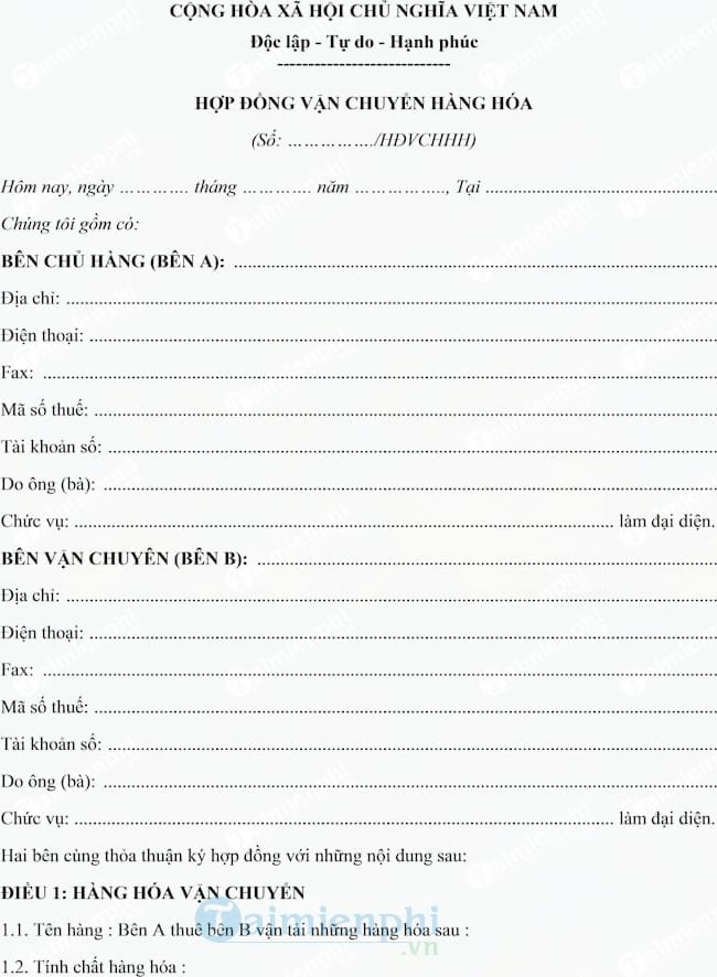 Mẫu hợp đồng vận chuyển hàng hóa