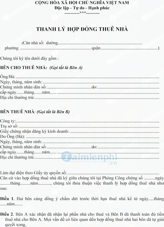 Mẫu thanh lý hợp đồng thuê nhà