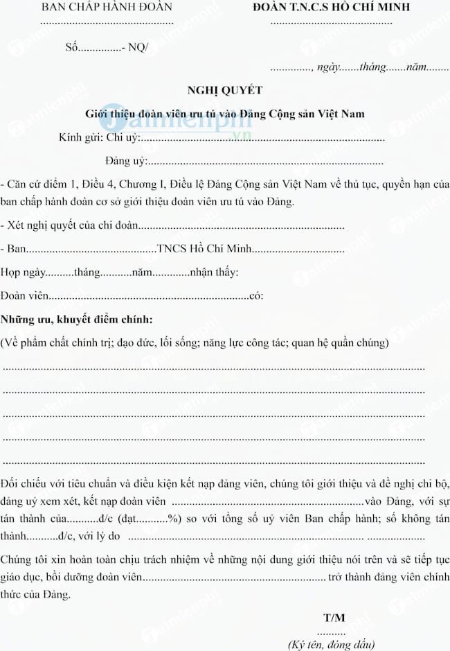 Mẫu Nghị quyết giới thiệu đoàn viên ưu tú vào Đảng