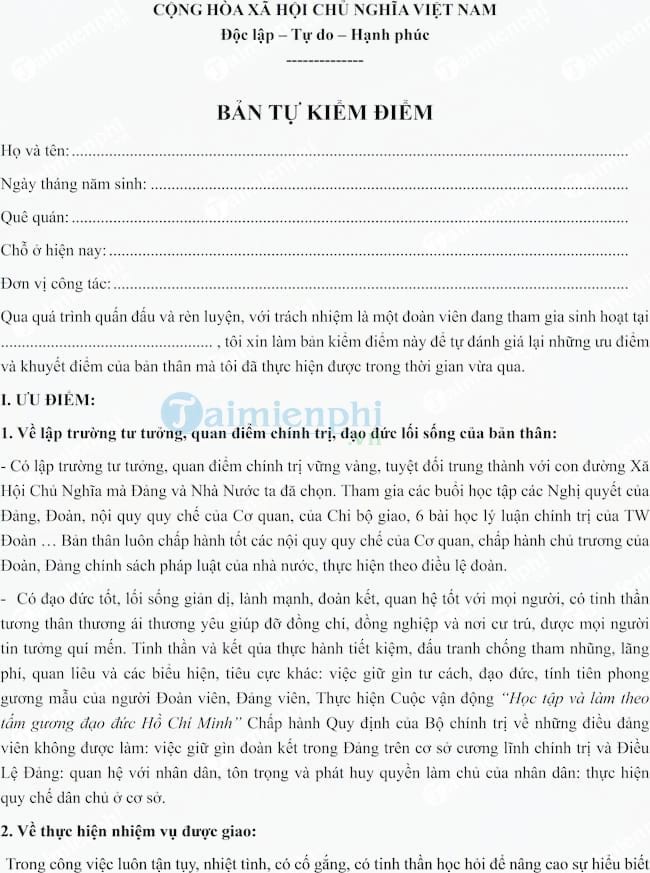 Mẫu bản kiểm điểm Đoàn viên