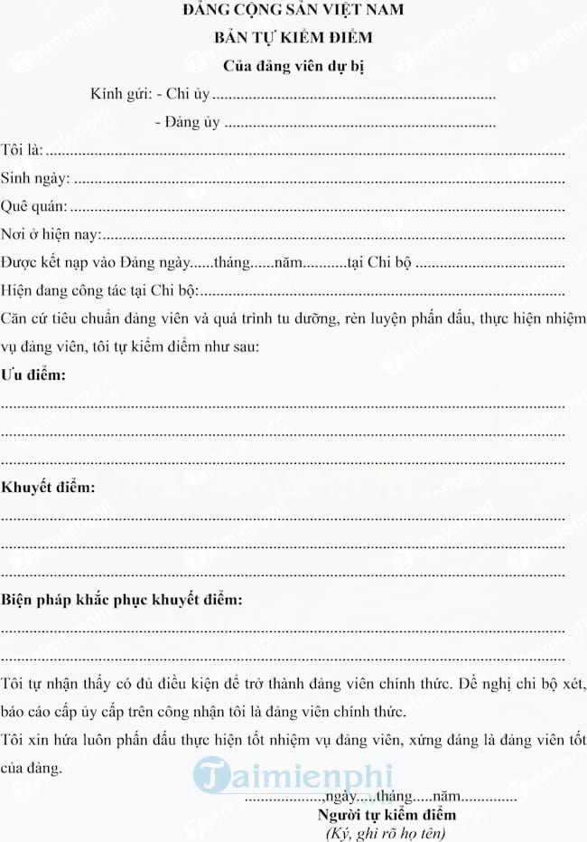 Mẫu bản tự kiểm điểm của Đảng viên dự bị