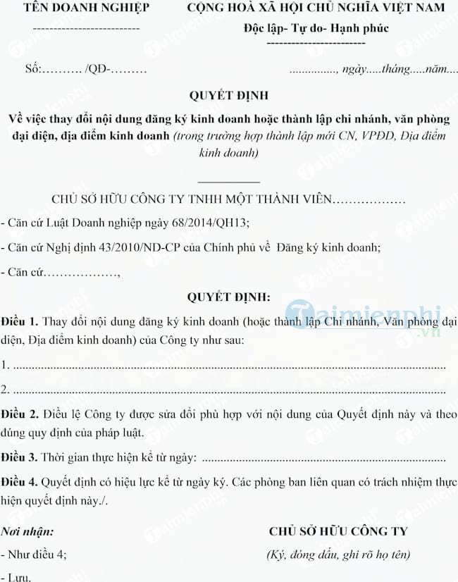 Mẫu Quyết định của Công ty trách nhiệm hữu hạn 1 thành viên