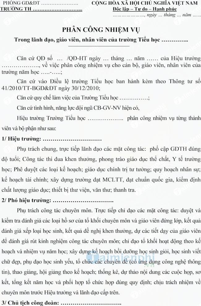 Mẫu kế hoạch phân công nhiệm vụ cán bộ, giáo viên, nhân viên trường tiểu học