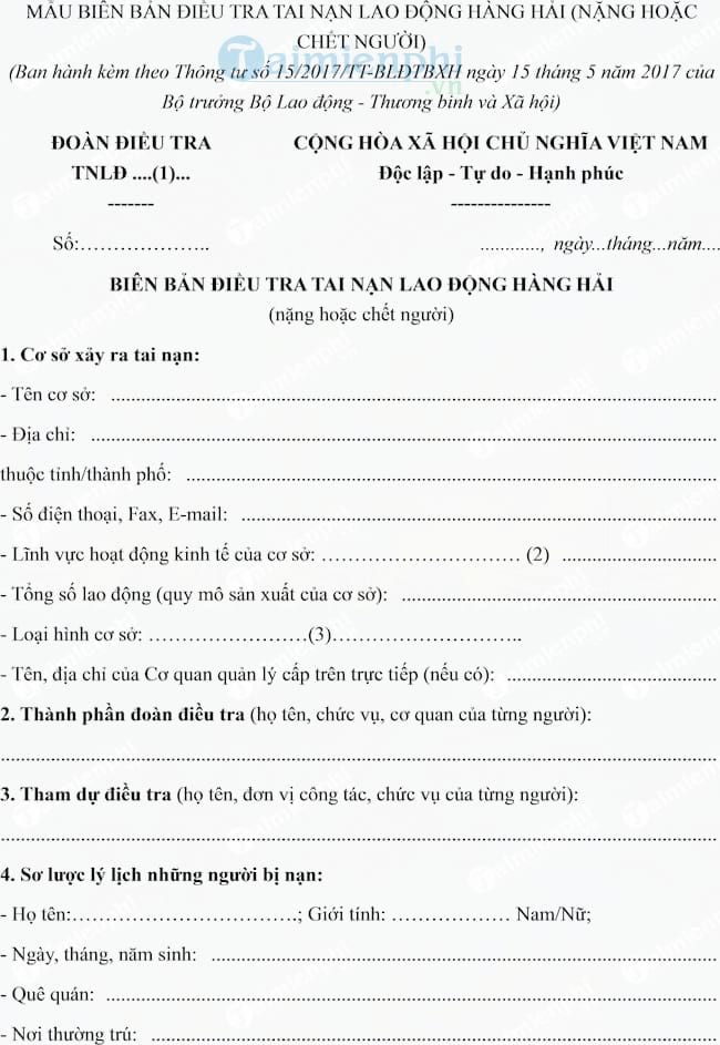 Mẫu biên bản điều tra tai nạn lao động hàng hải