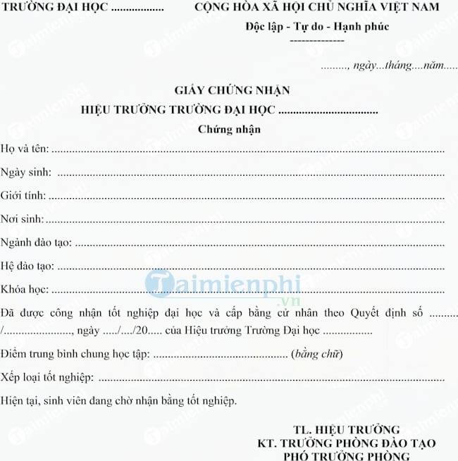 Mẫu giấy chứng nhận tốt nghiệp tạm thời