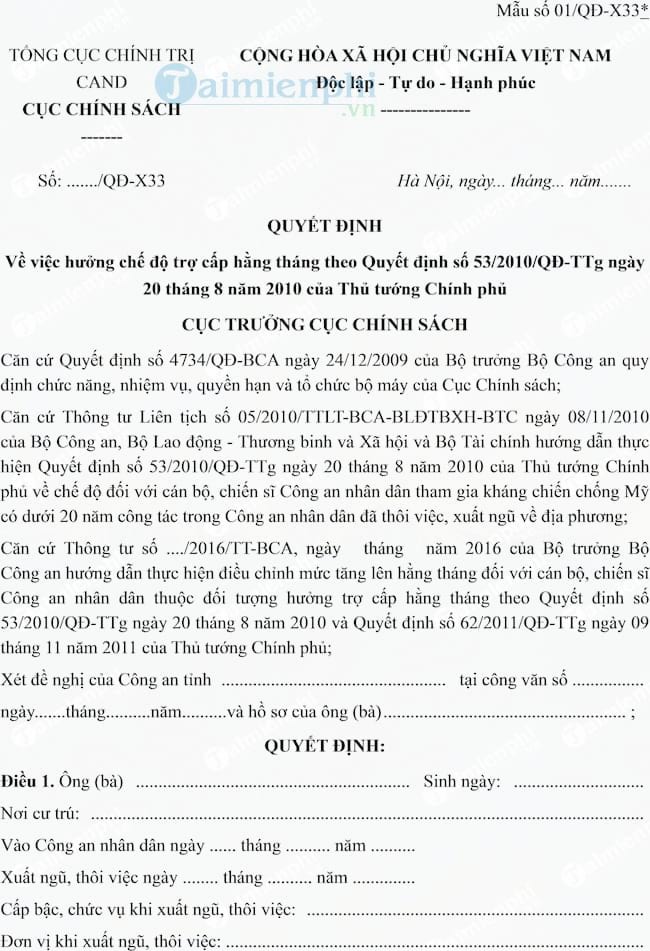 Mẫu quyết định hưởng chế độ trợ cấp hàng tháng