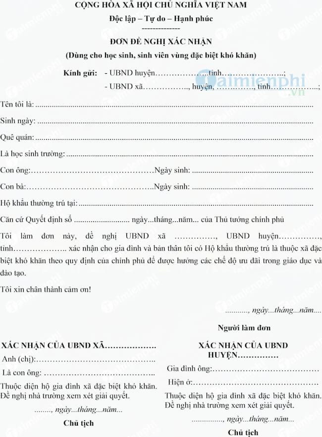 Mẫu đơn xin xác nhận cư trú tại xã đặc biệt khó khăn