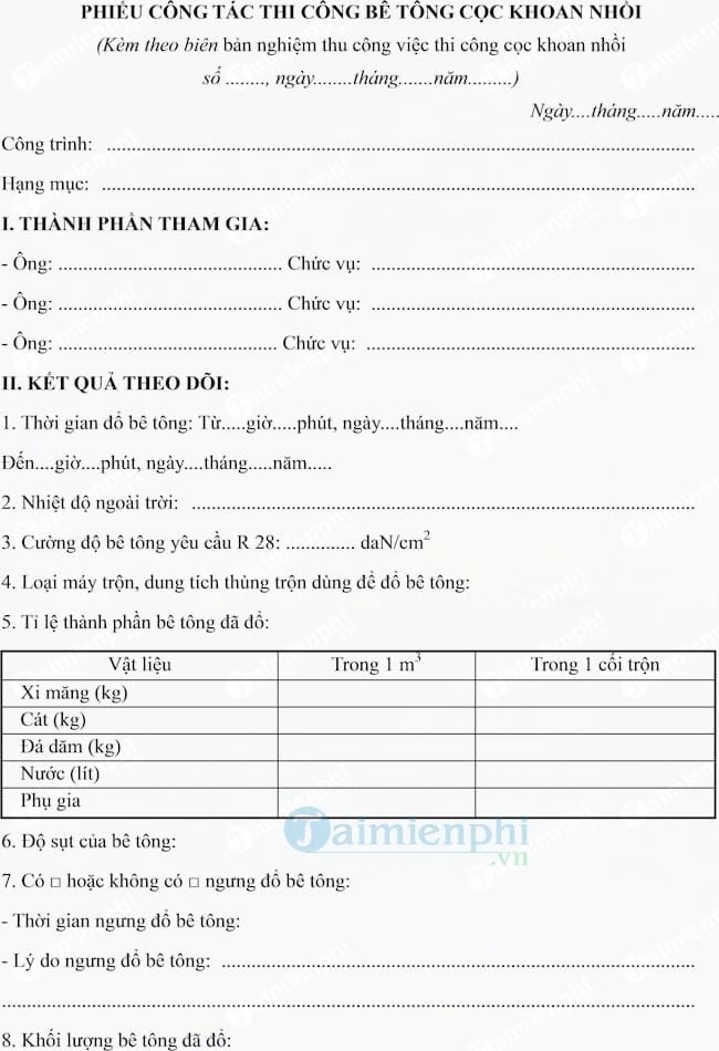 Mẫu phiếu công tác thi công bê tông cọc khoan nhồi