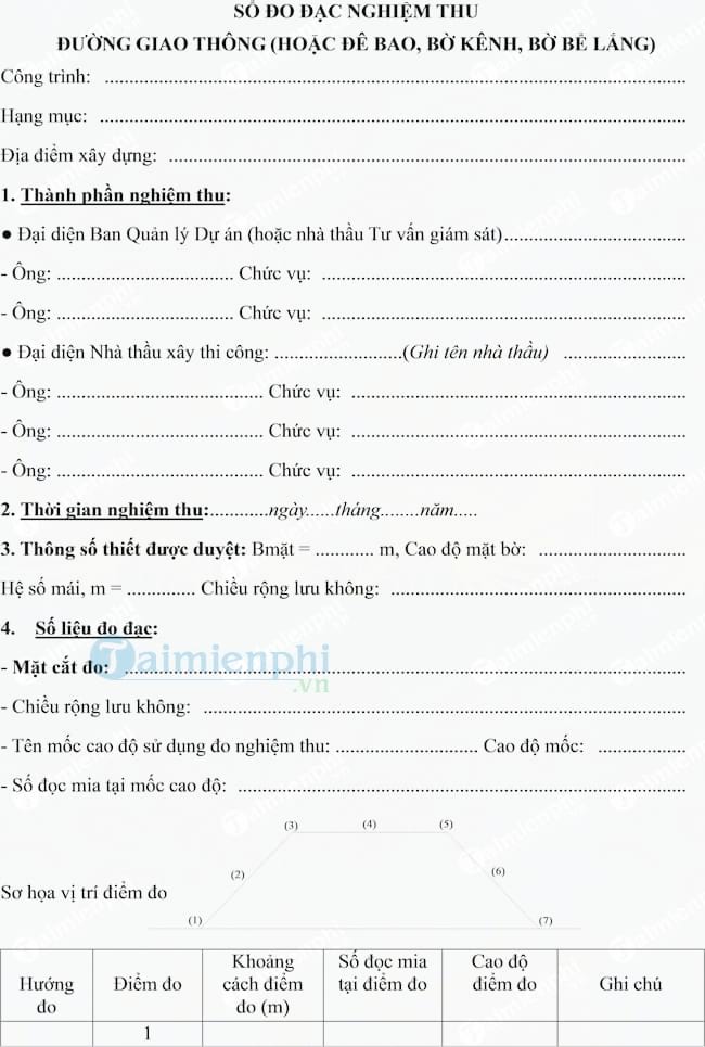 Mẫu sổ đo đạc nghiệm thu đường giao thông