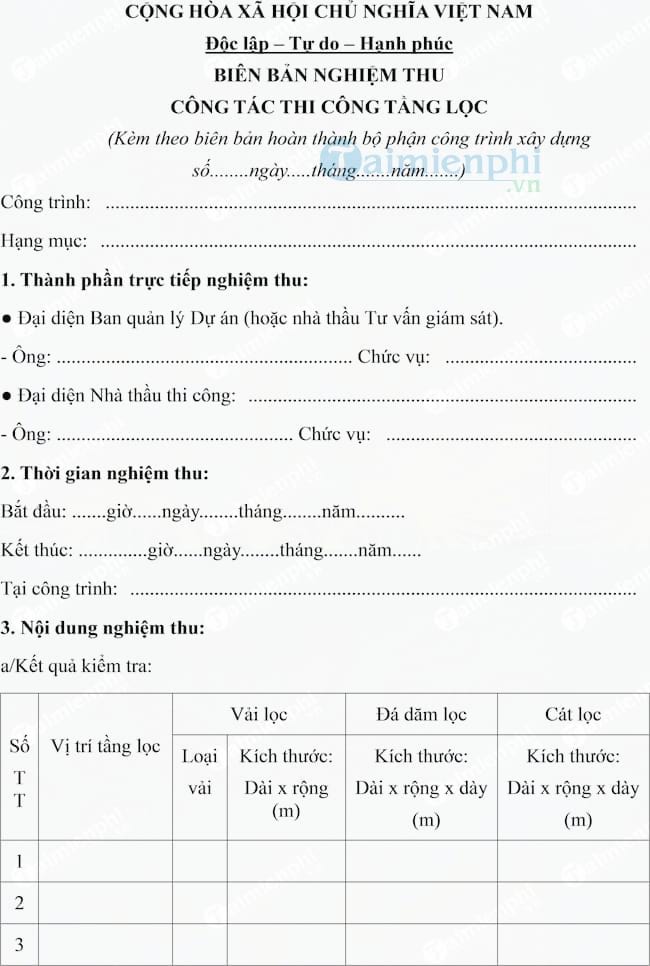 Mẫu biên bản nghiệm thu công tác thi công tầng lọc