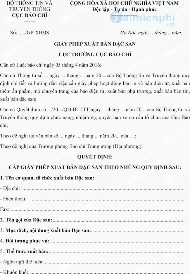 Mẫu giấy phép xuất bản đặc san