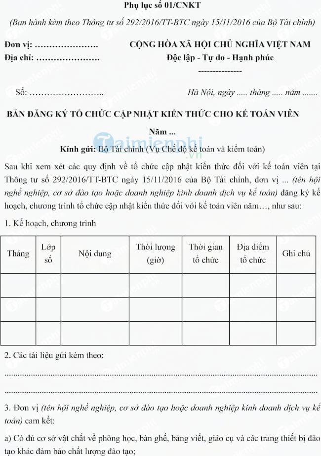 Mẫu bản đăng ký tổ chức cập nhật kiến thức cho kế toán viên