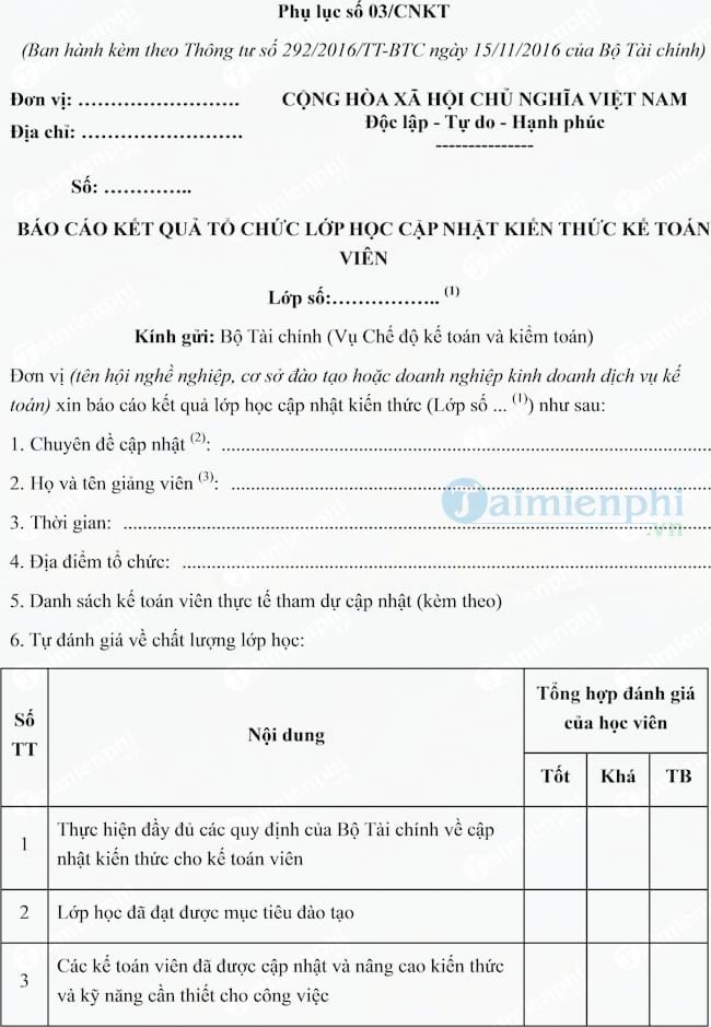 Mẫu báo cáo kết quả tổ chức lớp học cập nhật kiến thức kế toán viên