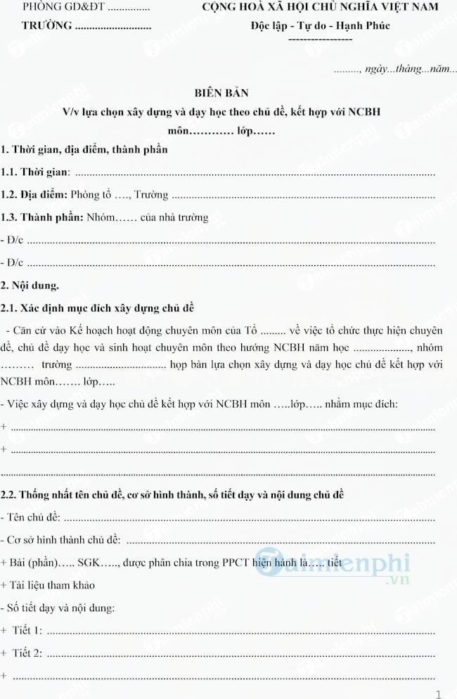 Mẫu biên bản dạy học theo chủ đề