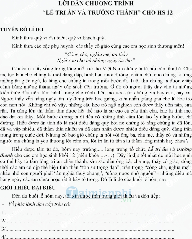 Kịch bản dẫn chương trình lễ Tri ân và Trưởng thành