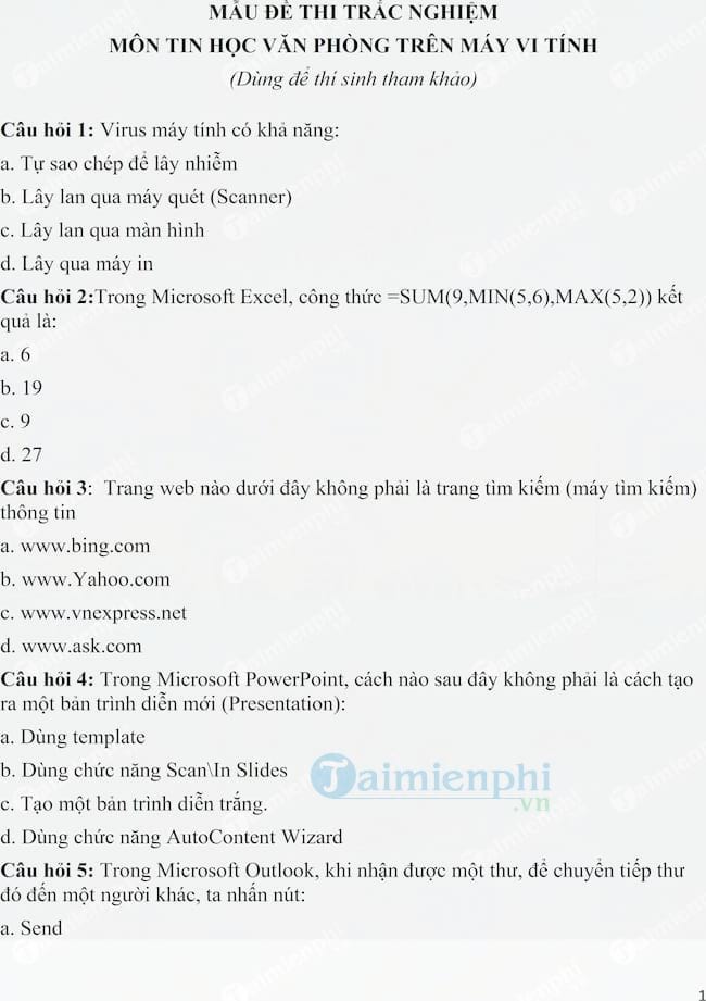 Mẫu đề thi trắc nghiệm môn Tin học văn phòng trên máy vi tính