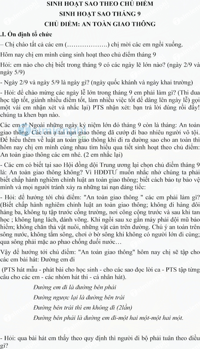 Kịch bản sinh hoạt Sao nhi đồng theo chủ điểm từng tháng
