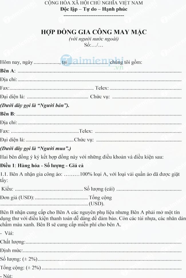 Hợp đồng gia công may mặc với người nước ngoài