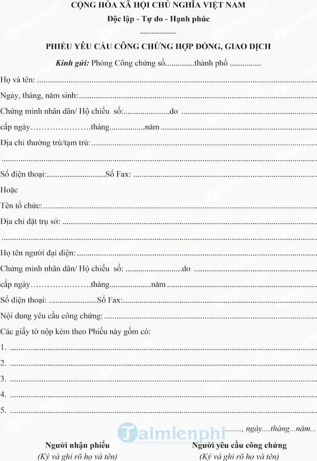 Phiếu yêu cầu công chứng hợp đồng, giao dịch