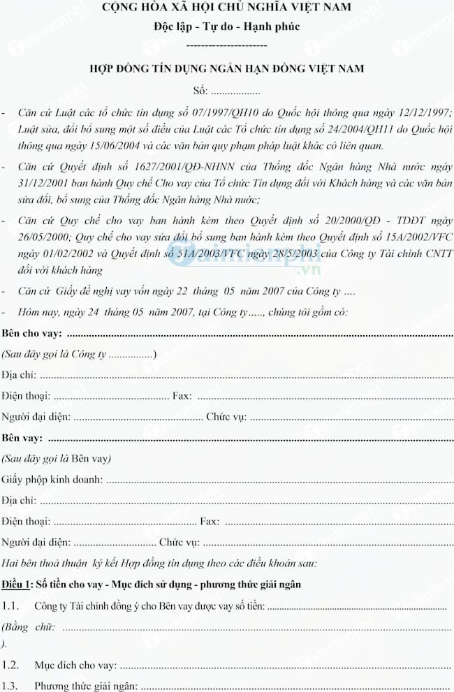 Hợp đồng tín dụng ngắn hạn đồng Việt Nam