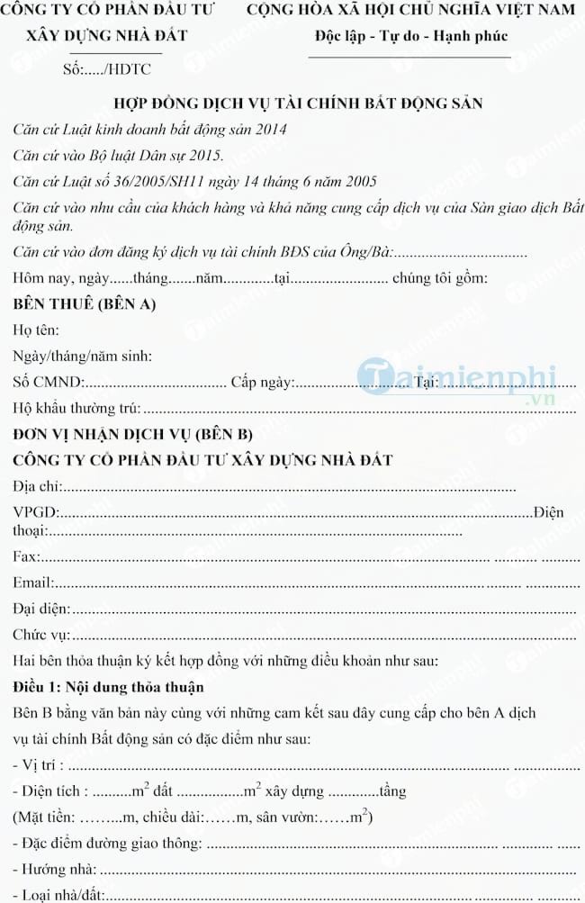 Hợp đồng dịch vụ tài chính bất động sản