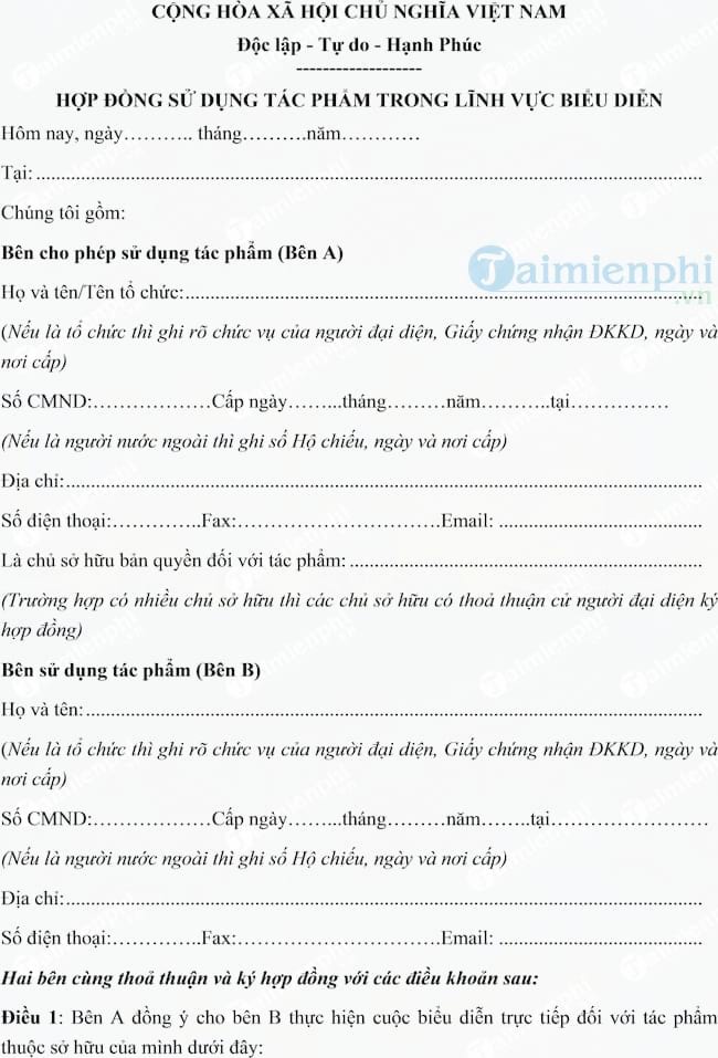 Hợp đồng sử dụng tác phẩm trong lĩnh vực biểu diễn