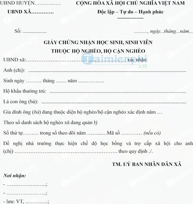 Mẫu giấy chứng nhận học sinh, sinh viên thuộc hộ nghèo