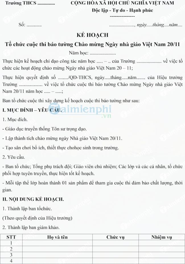 Kế hoạch tổ chức cuộc thi báo tường chào mừng ngày nhà giáo Việt Nam