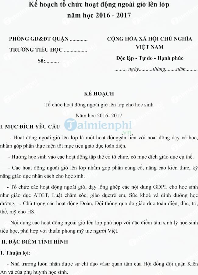Kế hoạch tổ chức hoạt động ngoài giờ lên lớp tiểu học