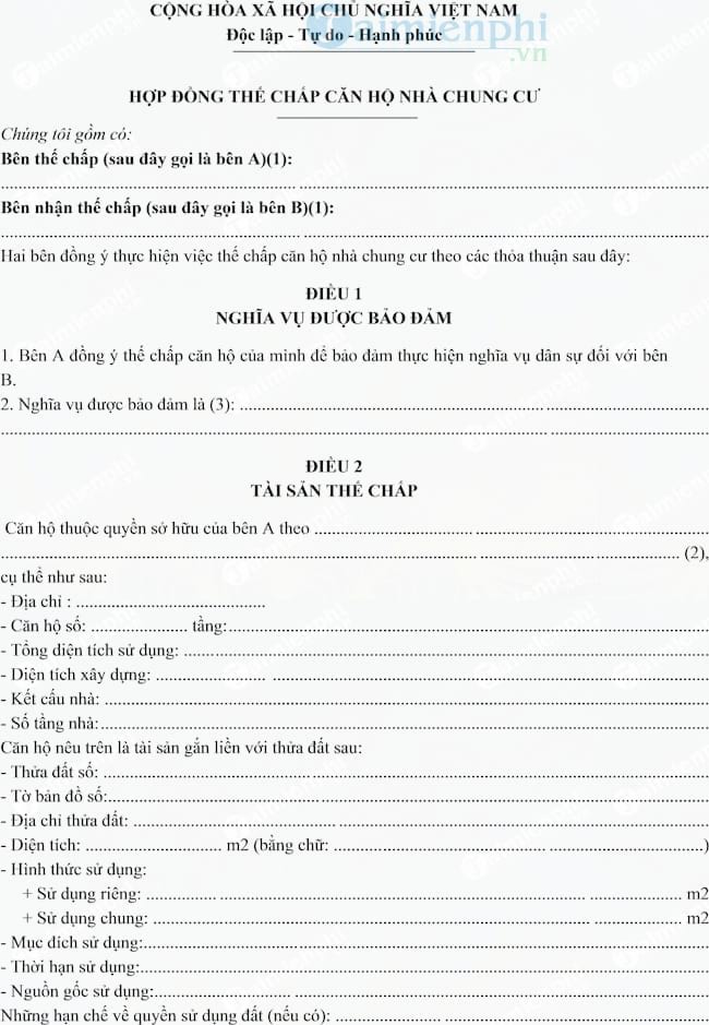 Hợp đồng thế chấp căn hộ nhà chung cư