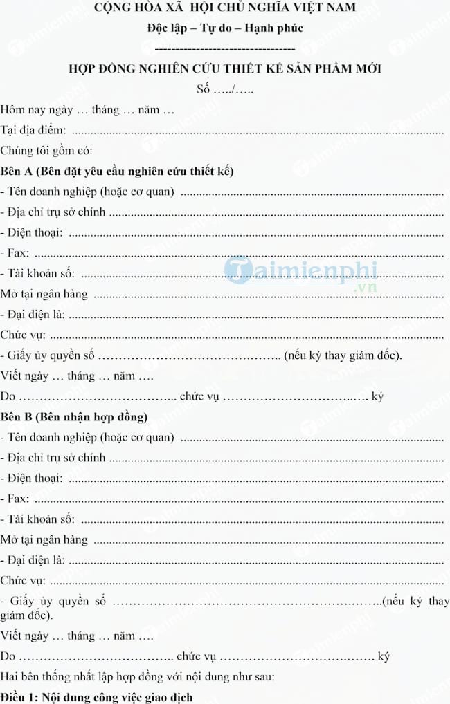 Hợp đồng nghiên cứu thiết kế sản phẩm mới