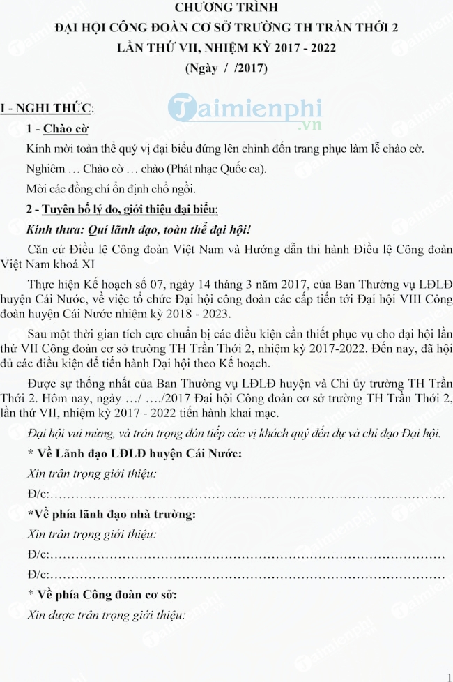 Kịch bản chương trình Đại hội công đoàn cơ sở lần thứ VII nhiệm kỳ 2017-2022