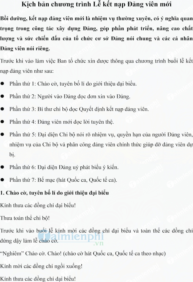Kịch bản chương trình Lễ kết nạp Đảng viên mới
