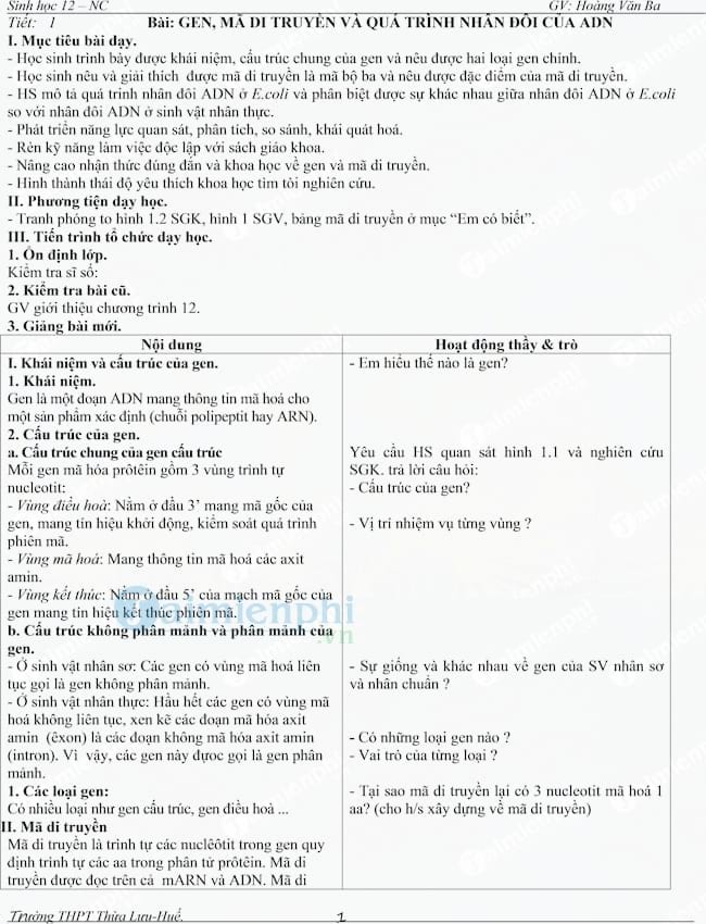 Giáo án Sinh Học 12 cả năm