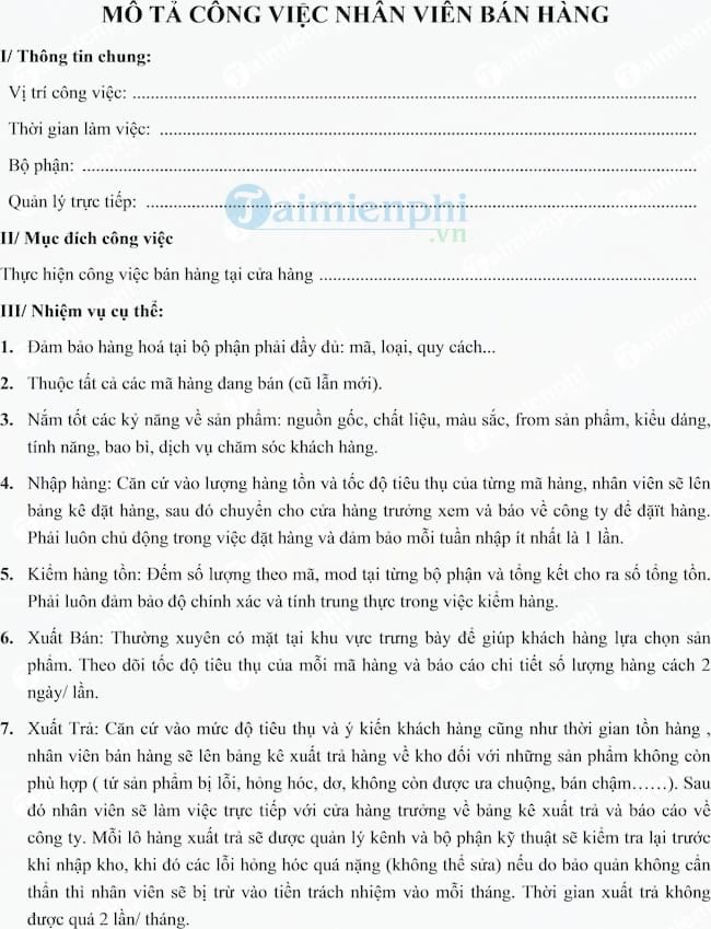 Mô tả công việc của Nhân viên bán hàng