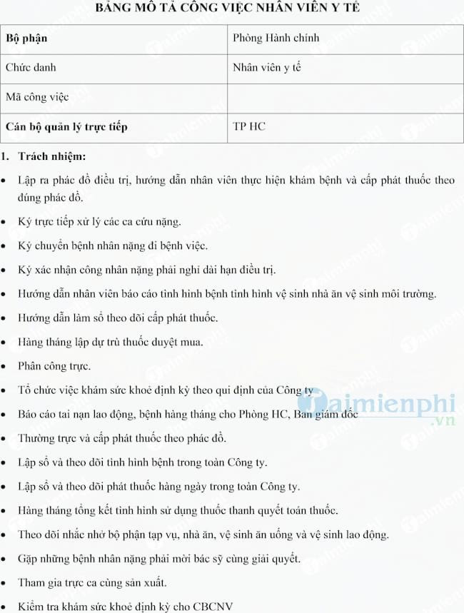 Mô tả công việc Nhân viên y tế