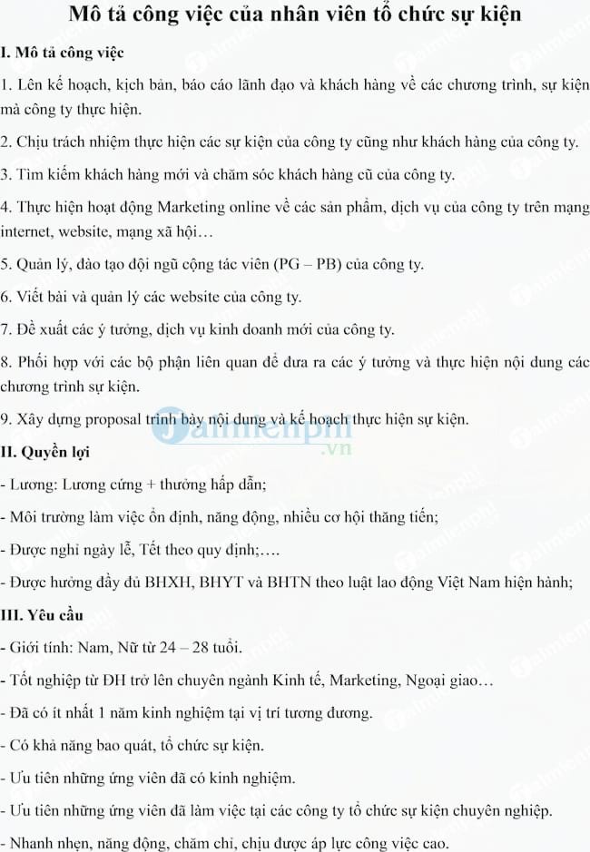 Mô tả công việc của nhân viên tổ chức sự kiện