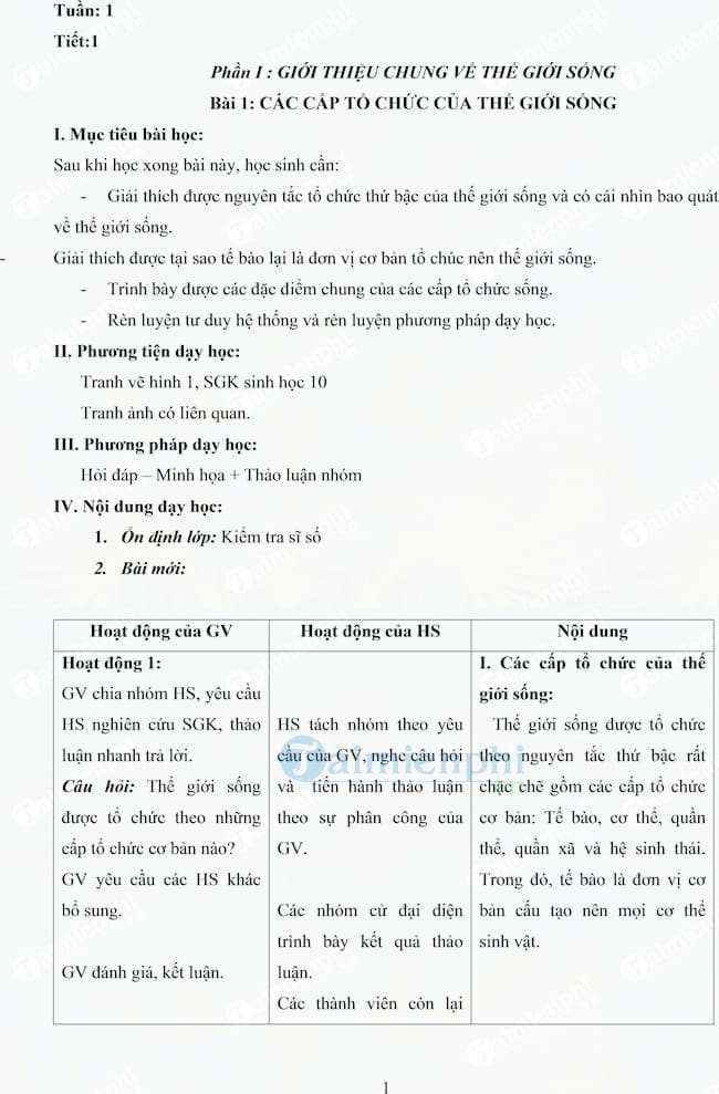 Giáo án Sinh học lớp 10 cơ bản