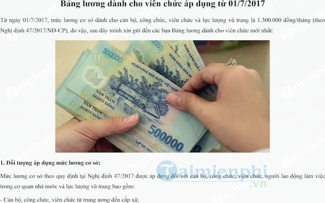 Bảng lương dành cho viên chức áp dụng từ 01/7/2017