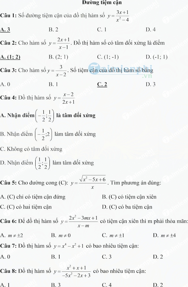 Bài tập trắc nghiệm đường tiệm cận