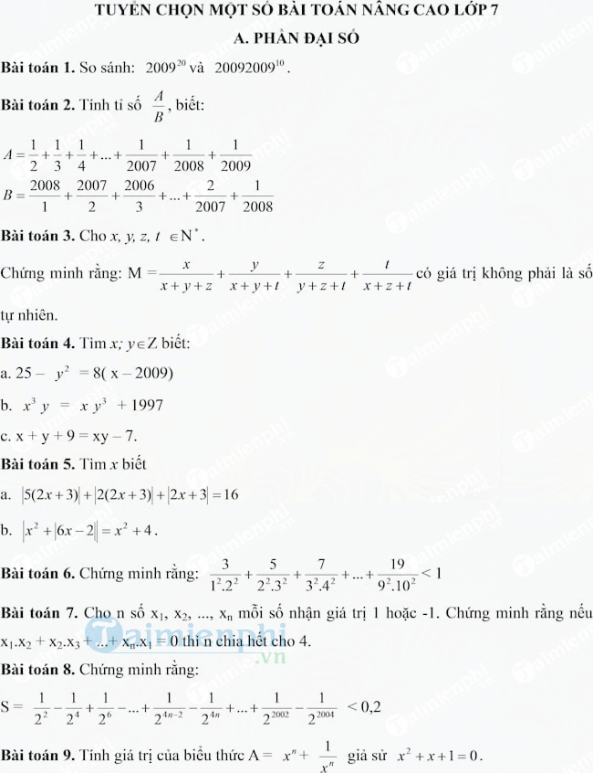 70 bài tập Toán nâng cao lớp 7
