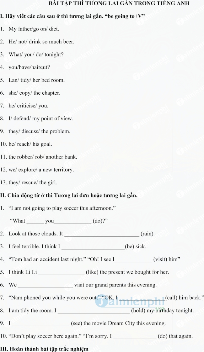 Bài tập tiếng Anh về thì tương lai gần