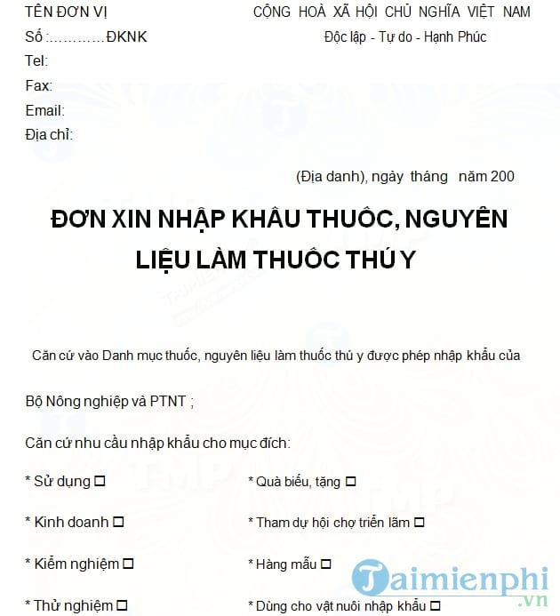 Đơn xin nhập khẩu thuốc, nguyên liệu làm thuốc thú y