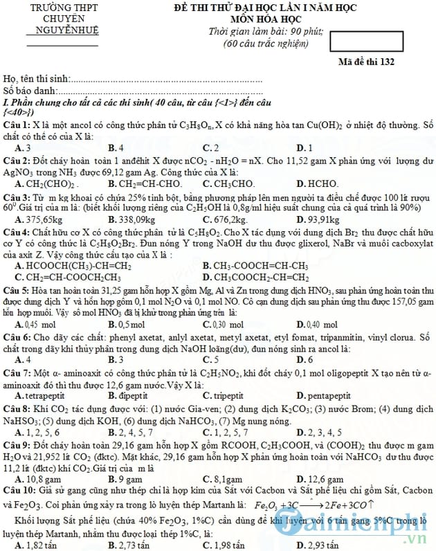 Đề thi thử Đại học cao đẳng năm 2013 môn Hóa