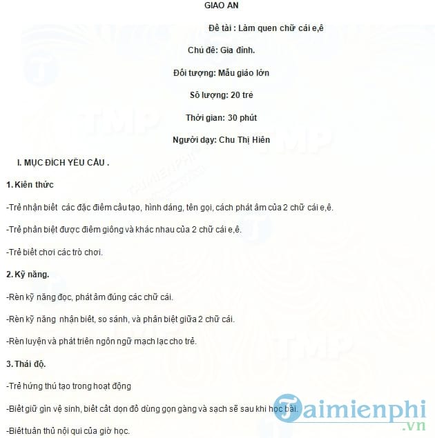 Giáo án làm quen chữ cái e, ê