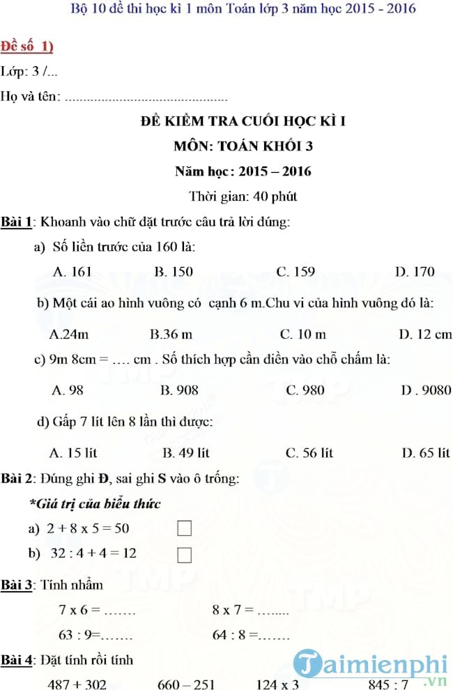 Đề kiểm tra học kì I lớp 3 môn Toán