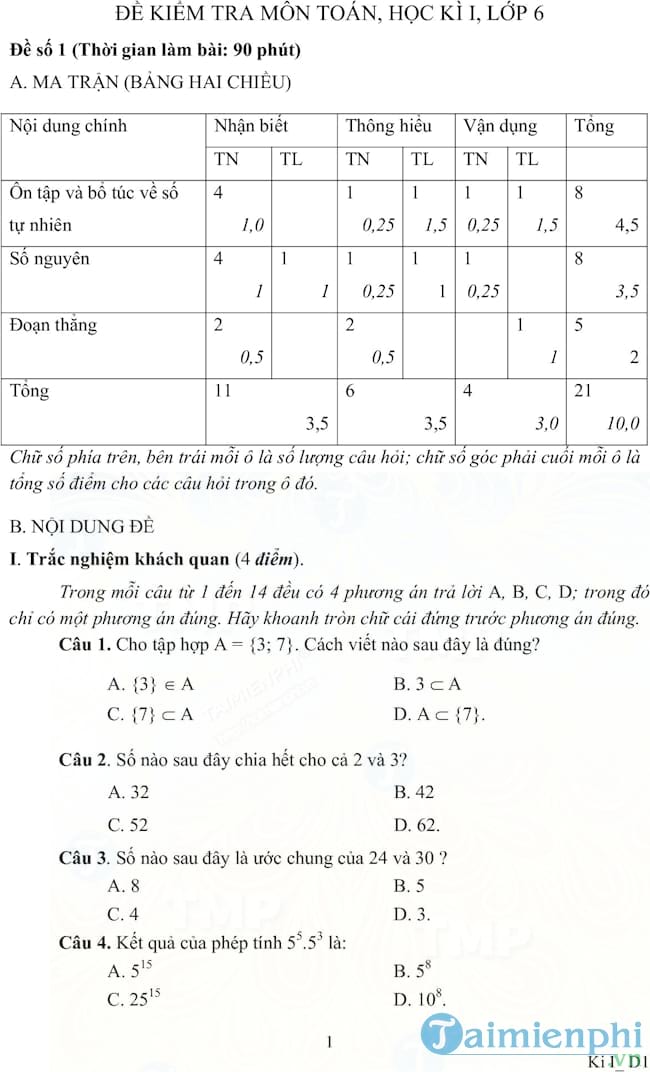 Đề kiểm tra học kì I lớp 6 môn Toán