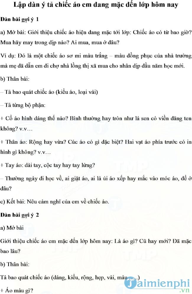 Dàn ý chi tiết tả chiếc áo lớp 4