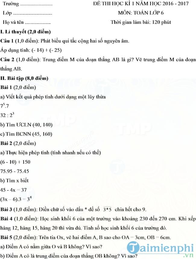 Đề thi học kì 1 môn Toán lớp 6